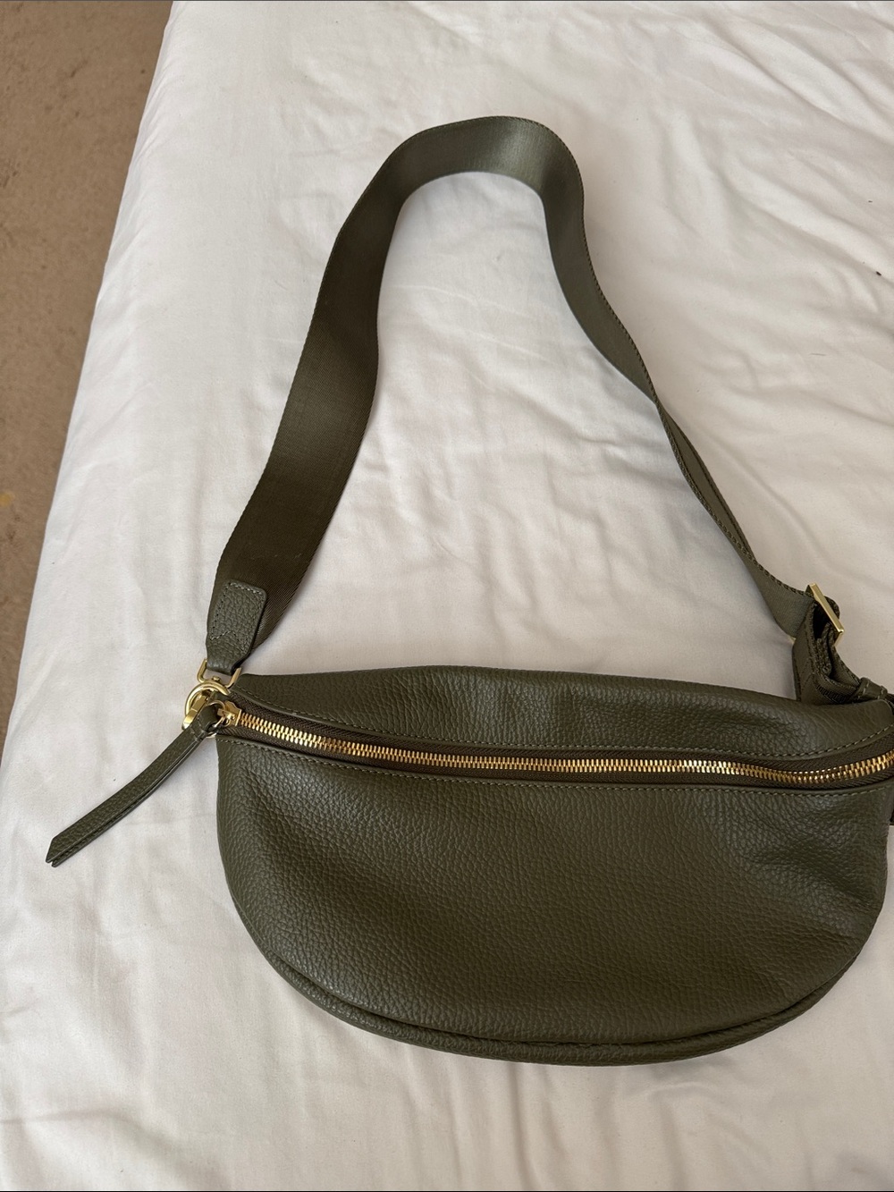 Quince Olive Green Leather Crossbody Belt Bag with Gold Hardware